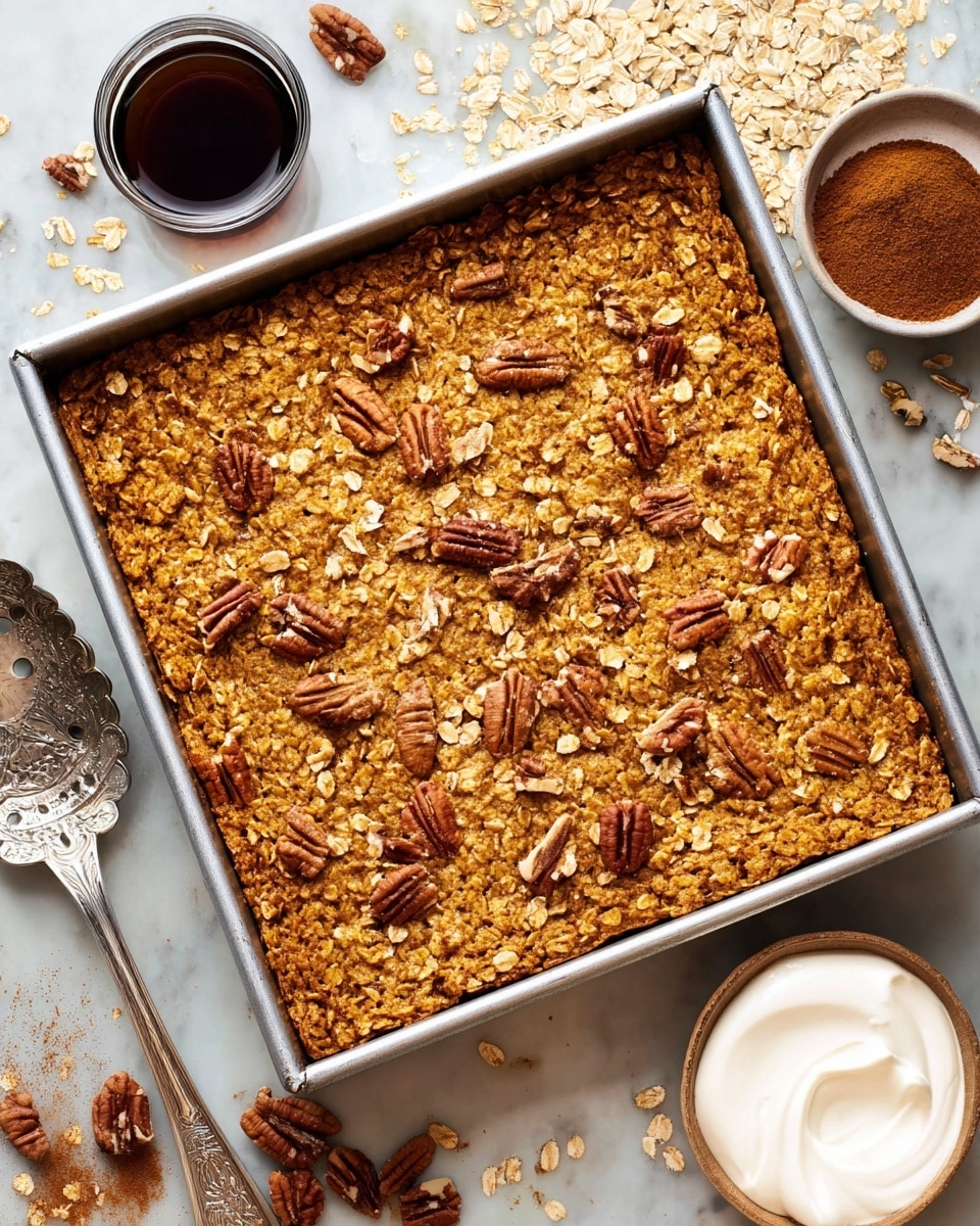 A square metal pan filled with a golden-brown baked oat dish, topped evenly with small pieces of toasted pecans scattered across the surface, creating a textured look of oats and nuts. Around the pan are small bowls containing dark syrup, pecans, cinnamon powder, and white whipped cream. Loose oats and pecans are scattered subtly on a white marbled surface next to a vintage silver serving spoon with decorative cut-outs. The scene is brightly lit, focusing on the warm colors and textures of the baked dish and toppings. photo taken with an iphone --ar 4:5 --v 7