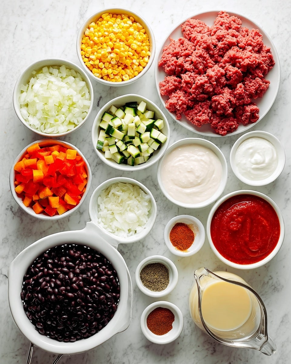 A top view shows a collection of white ceramic bowls and plates arranged on a white marbled surface, each filled with different ingredients: a large white plate piled high with fresh raw ground beef in bright red and pink hues sits near the top right; next to it is a medium white bowl filled with bright yellow corn kernels; a smaller white bowl holds finely chopped raw white onions; nearby, a small bowl contains minced white garlic. A white colander at the bottom left is full of black beans with a smooth, shiny texture. There are two small bowls with bright orange diced carrots and red diced bell peppers, and another holds diced zucchini with green skin and white flesh. In the center, a small white plate holds three different spices in brown, light green, and deep red powders. A bowl with smooth white sour cream and a bowl with thick red tomato sauce are visible near the bottom, along with a light yellow liquid in a small bowl and a glass pitcher with a beige creamy liquid. The overall look is colorful, neat, and fresh with natural light, photo taken with an iphone --ar 4:5 --v 7