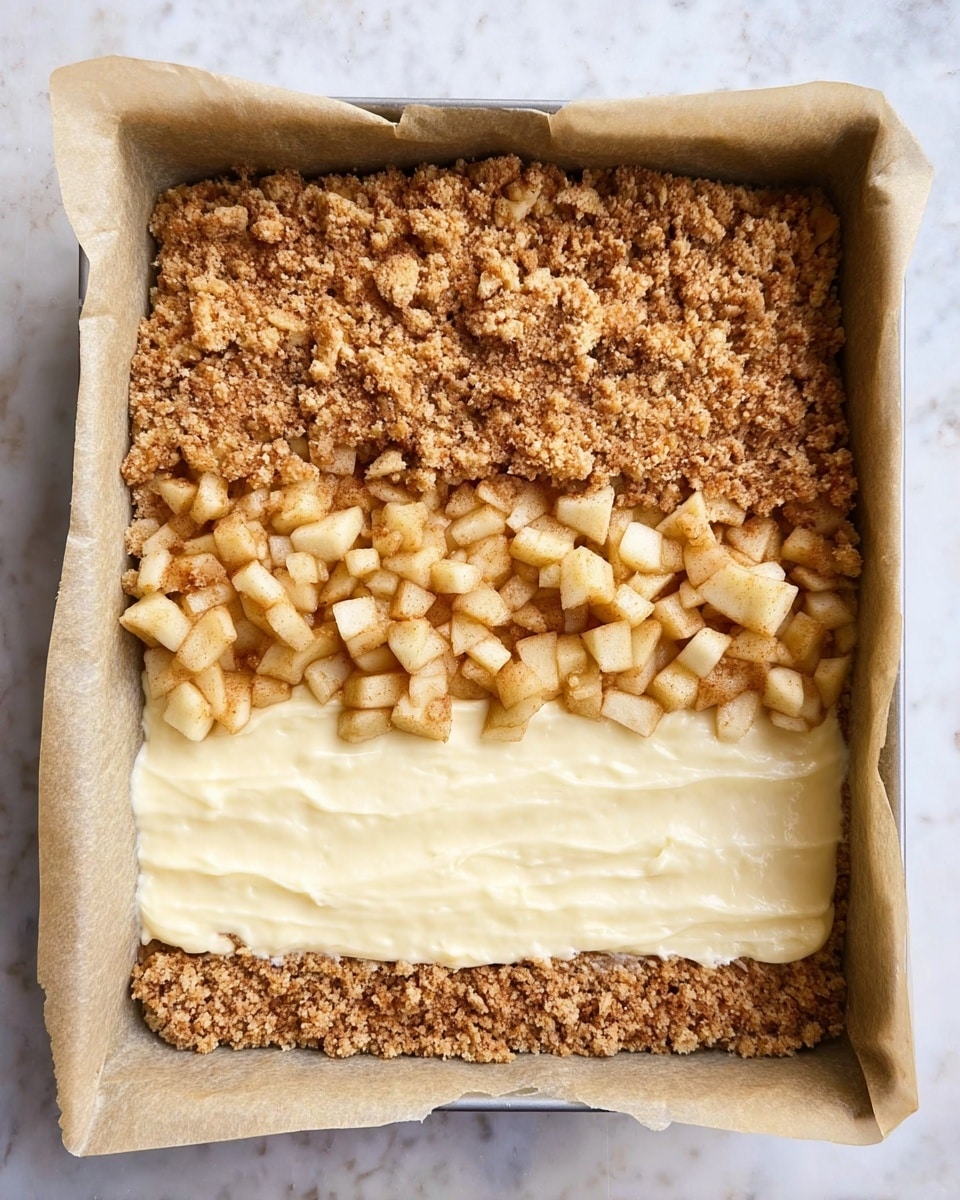 The image shows a square baking pan lined with parchment paper and holding a dessert with four layers. The bottom layer is a thick, coarse, light brown crumbly crust that covers the whole pan. Above this is a smooth, creamy, pale yellow layer spread evenly across the crust. On top of the creamy layer is a layer of small, cubed apple pieces coated with cinnamon, which are light golden brown. The final top layer is a crumbly, golden brown topping with a rough texture, covering about half of the pan at the top. The pan is placed on a white marbled surface. photo taken with an iphone --ar 4:5 --v 7