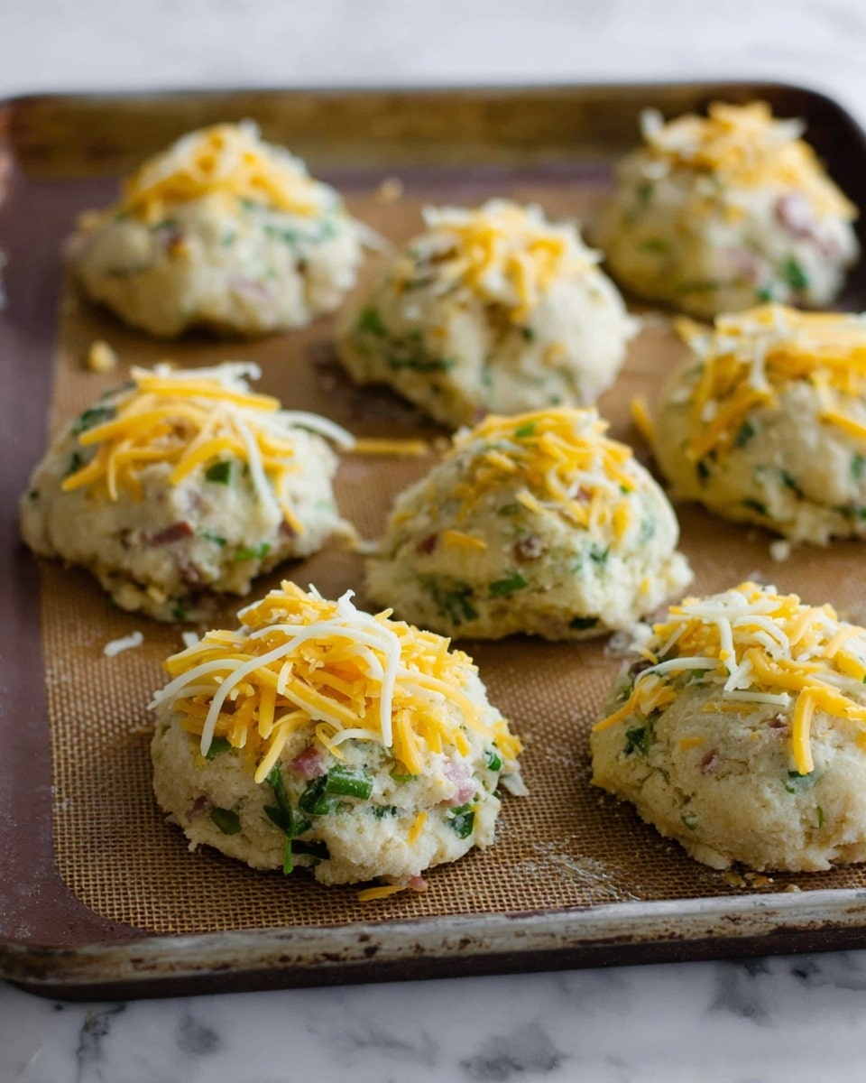 The image shows a close-up of nine raw biscuit shapes with a rough texture, placed on a baking tray lined with a brown silicone mat. Each biscuit is round and thick, containing visible green herbs and pieces of ham inside, creating a mix of off-white dough with green and pink bits. On top of each biscuit is a small pile of shredded yellow and white cheese, adding a bright contrast. The baking tray has slightly worn edges and sits on a surface with a white marbled texture. The photo taken with an iphone --ar 4:5 --v 7
