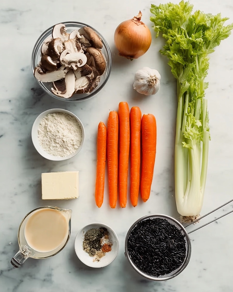The image shows a white marbled surface with various cooking ingredients neatly arranged. In the top left, a clear glass bowl holds sliced brown mushrooms. Next to it on the right is one whole onion and a bunch of fresh green celery stalks with leaves. Below these are five bright orange carrots, placed in a row. To the left of the carrots is a small cube of butter and a small clear bowl with white flour. At the bottom left is a glass measuring cup with a creamy liquid, and next to it a small white bowl with mixed spices, including black and green specks. On the right side, a metal strainer holds dark black rice grains. A small garlic bulb sits between the carrots and celery. The overall scene is bright and organized, with ingredients ready for cooking. photo taken with an iphone --ar 4:5 --v 7