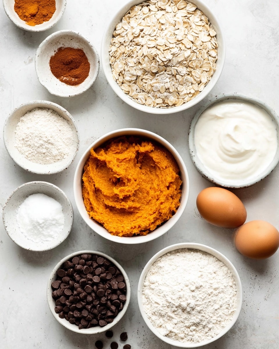 A flat lay of various baking ingredients arranged on a white marbled surface. Centered is a white bowl filled with smooth orange pumpkin puree. Above it, slightly off-center, is a white bowl filled with pale rolled oats. To the left is a white bowl of white flour, and next to it a white bowl containing thick white yogurt or cream. Around these main bowls are smaller white dishes with light brown ground cinnamon, white granulated sugar, white baking soda, and white baking powder. Two brown eggs sit in a small white bowl to the right. At the bottom near the center is a small white bowl filled with dark brown chocolate chips. The overall scene is bright with soft, natural light. Photo taken with an iphone --ar 4:5 --v 7