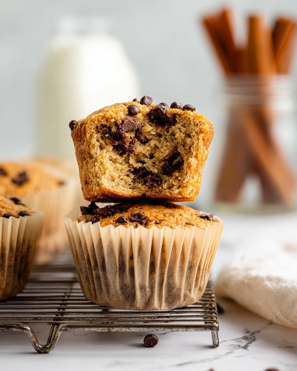 The image shows two stacked muffins placed on a metal rack over a white marbled surface. The top muffin is broken in half, revealing a soft, crumbly texture inside with visible dark brown chocolate chips scattered throughout. Both muffins are wrapped in light beige paper liners that have slight wrinkles and folds. In the blurred background, there is a glass jar filled with cinnamon sticks and a glass of milk, adding warmth to the scene. The color palette is warm with light browns and creams, and the focus is sharp on the muffins, creating a cozy and inviting look. photo taken with an iphone --ar 4:5 --v 7