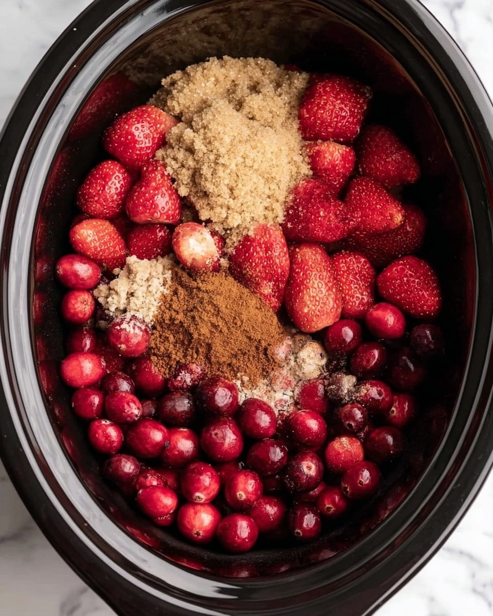 Inside a black slow cooker, there are three main layers of ingredients. The bottom layer is made up of whole fresh cranberries showing a deep red color and smooth texture. On top of the cranberries, there are fresh intact strawberries, bright red with visible seeds and soft texture, spread evenly. Scattered over the berries, there are two types of sugar; a larger mound of light brown sugar with a crumbly texture on one side and smaller patches of darker brown sugar with a grainy look. There is also a light sprinkling of ground cinnamon and nutmeg in the center, adding warm brown tones and a fine powder texture. This is all set on a background of white marbled texture photo taken with an iphone --ar 4:5 --v 7