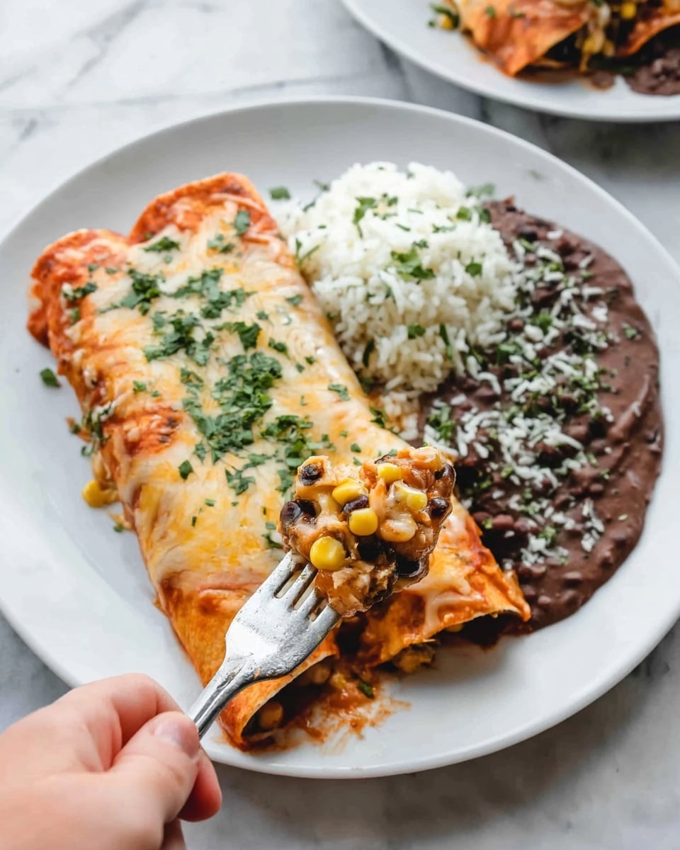 The image shows a white plate with a cheesy enchilada on the left side, covered with melted orange and white cheese, sprinkled with chopped green herbs on top. The enchilada is tightly rolled and filled with a mix of yellow corn, black beans, and diced green peppers visible where a silver fork lifts a portion of it. On the top right of the plate is a mound of white rice mixed with small green herb pieces, and beside the rice is a serving of dark brown refried beans, also sprinkled with white cheese and chopped herbs. The background surface is white marble, and a woman's hand holds the fork in the bottom left corner. Photo taken with an iphone --ar 4:5 --v 7