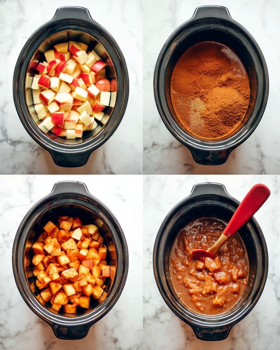 The image shows four stages of cooking apples in a black slow cooker on a white marbled surface. The first stage shows a layer of bright red and pale yellow apple chunks filling the cooker. The second stage has the apple chunks covered with a layer of brown spice powder. The third stage shows the apples cooked down into a chunky mixture of soft, orange-brown pieces filling the cooker. The final stage shows a smooth, thick, brown apple sauce in the cooker with a red spatula resting inside. Photo taken with an iphone --ar 4:5 --v 7