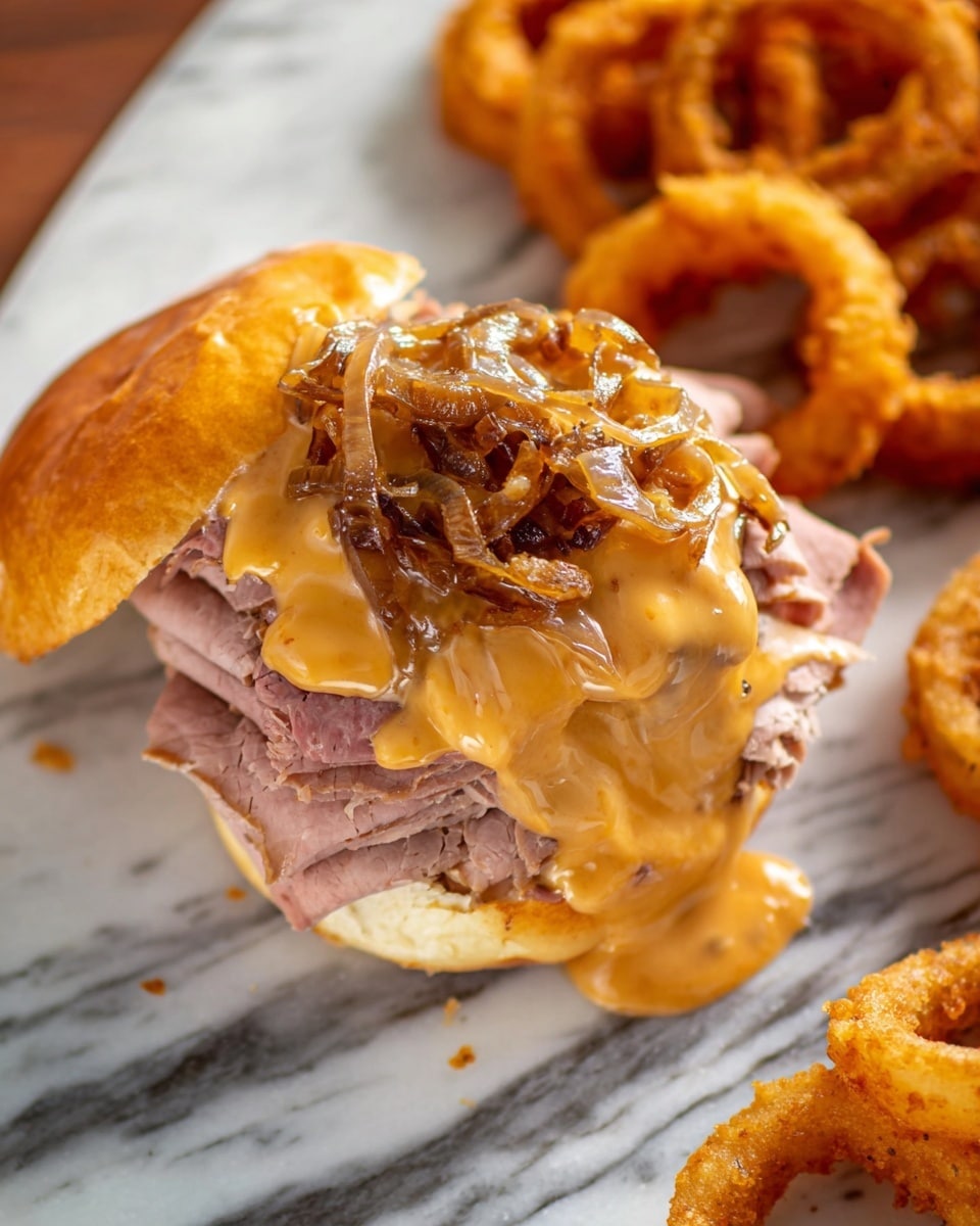 The image shows a sandwich with three layers on a white marbled surface. The bottom layer is a sandwich bun with a golden brown color and some small toasted bits on top. The middle layer consists of several slices of thin pink roast meat piled up. On top of the meat, there is a thick orange-yellow cheese sauce spread unevenly. The top layer is made up of caramelized onions in a glossy brown color that sit on the cheese sauce. To the right side of the sandwich, there are several golden brown crispy onion rings, and a woman's hand is holding the edge of a white plate. The photo taken with an iphone --ar 4:5 --v 7