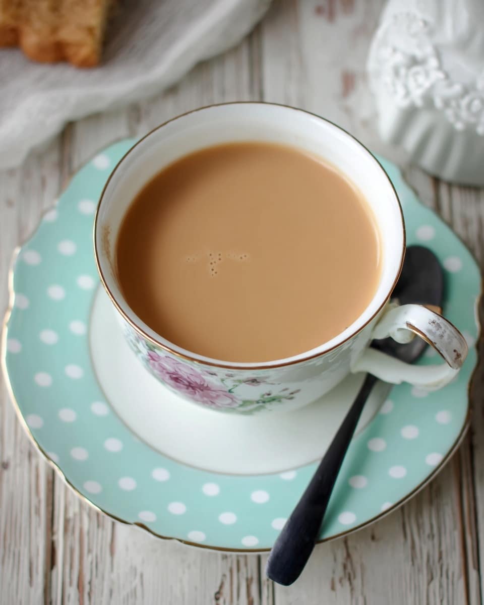 A close-up of a white teacup with a delicate floral design on the rim, filled with light brown tea with milk. The cup sits on a white saucer with a pale turquoise and white polka dot pattern and a gold rim. A black spoon is placed on the saucer next to the cup. The setting is on a light wood table with a soft, rustic look. Photo taken with an iphone --ar 4:5 --v 7