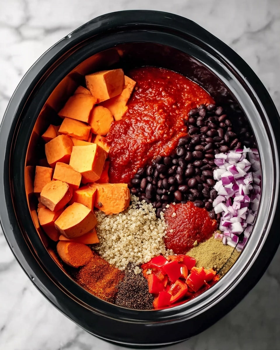 Inside a black slow cooker, there are nine separate layers of ingredients arranged neatly. At the top left are large orange chunks of sweet potato. Below the sweet potato are small black beans. Next to the beans are tiny white quinoa grains. Above the quinoa are small red bell pepper pieces. Beside the pepper are finely chopped red onions. Near the onions are light yellow minced garlic. Above the garlic are bright red tomato paste scoops on the sweet potato. Next to the tomato paste are dark red chili powder and brownish-green cumin powder. On the top half of the cooker is a layer of chunky red tomato sauce. The background surface is a white marbled texture. photo taken with an iphone --ar 4:5 --v 7
