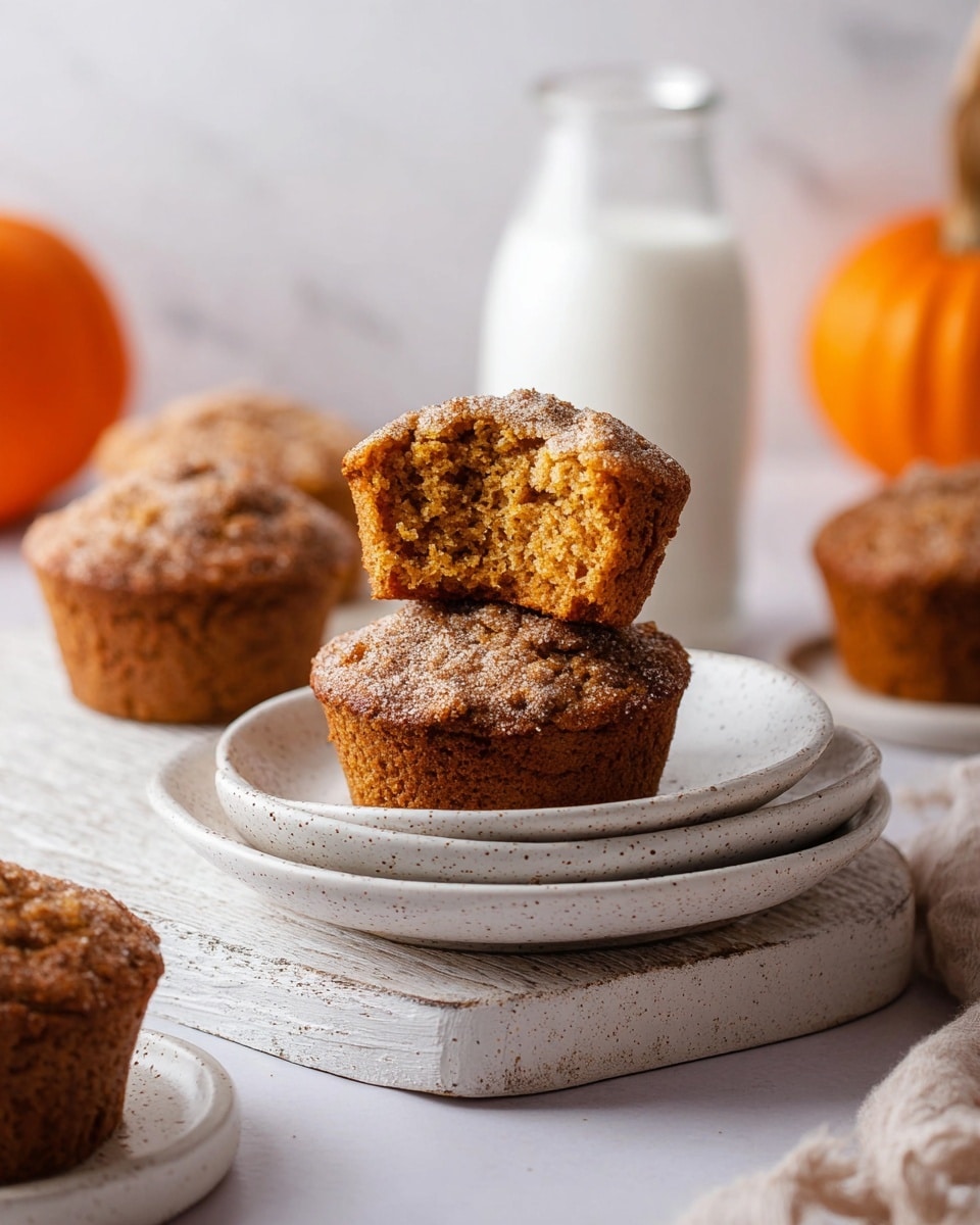 The image shows a close-up of a muffin placed on top of another muffin on two stacked white speckled ceramic plates, which rest on a weathered white wooden board. The muffin on top is broken in half, revealing its soft, crumbly, light brown inside with a textured top sprinkled with a darker brown dusting. Around the plates, there are three more whole muffins with similar coloring and texture. In the background, there is a glass bottle filled with white milk, and an orange pumpkin blurred softly on a white marbled surface. The overall scene is bright and warm, with soft natural light highlighting the muffins’ textures. photo taken with an iphone --ar 4:5 --v 7