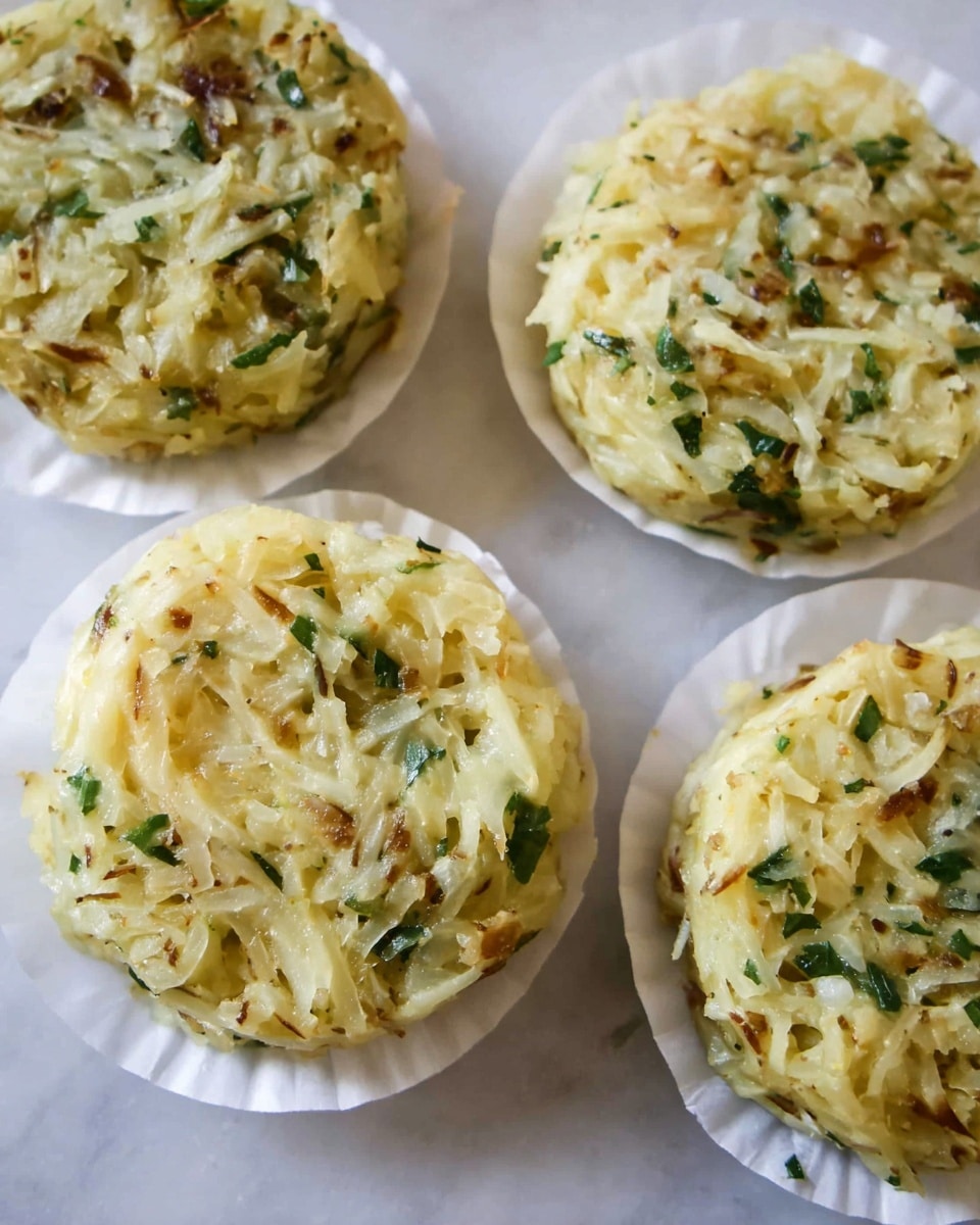 The image shows four round, thick patties made of shredded pale yellow potatoes mixed with small green leafy pieces and tiny bits of browned onions. Each patty has a rough, uneven texture with the shredded potato strands clearly visible and slightly sticking out. The patties are placed on white paper circles, sitting on a white marbled surface, arranged closely but not touching. The overall color is light yellow with green and brown specks scattered evenly throughout the patties. photo taken with an iphone --ar 4:5 --v 7