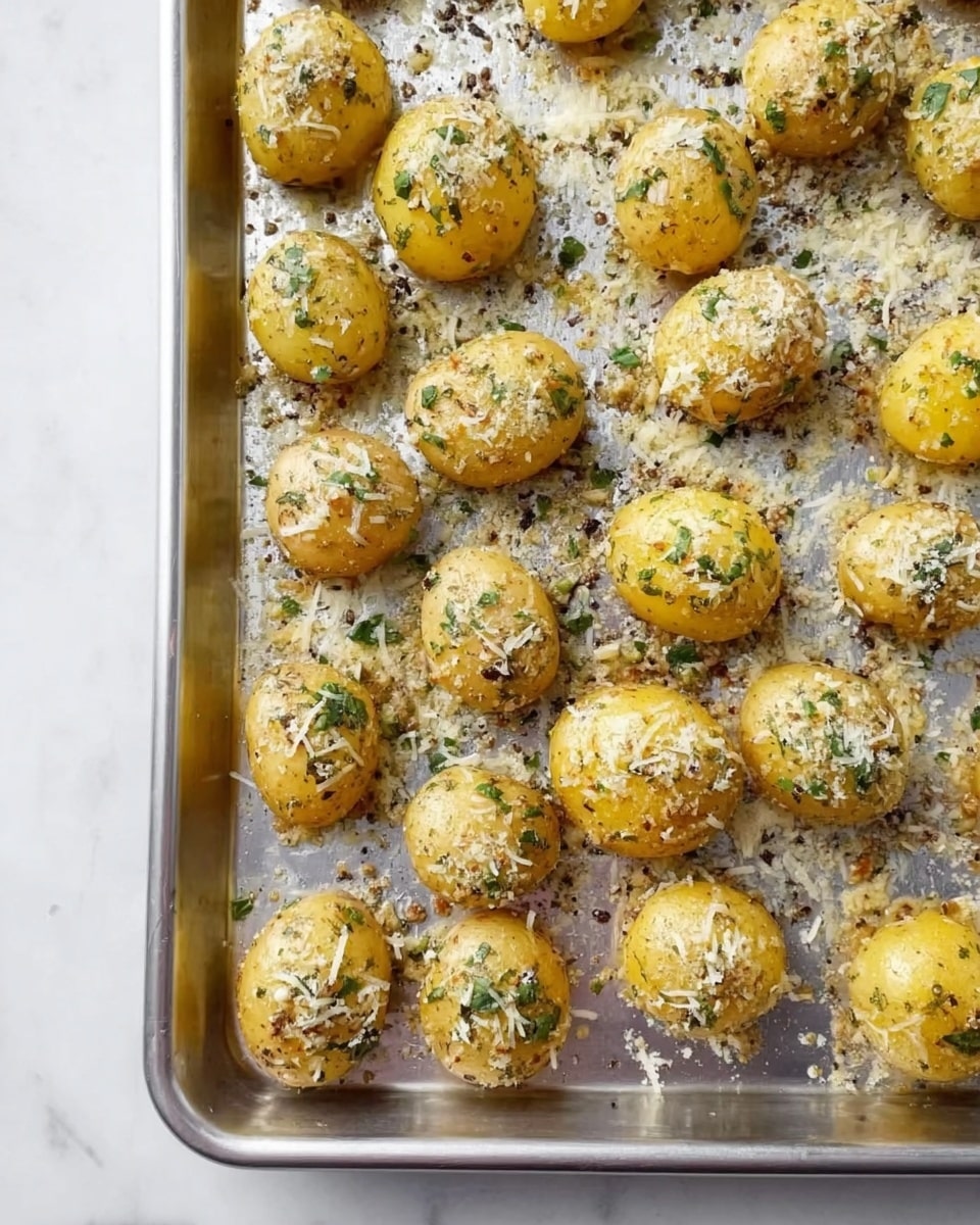 The image shows a silver baking tray filled with small round yellow potatoes, each coated on top with a mixture of grated cheese, herbs, and some seasoning. The potatoes are spread out evenly, with some bits of the cheese, herbs, and seasoning scattered around the tray, creating a textured and slightly messy look. The colors include the golden yellow of the potatoes, the white and light tan of the grated cheese, and the green flecks from the herbs, against the shiny silver metal of the tray. The scene is set on a white marbled surface. photo taken with an iphone --ar 4:5 --v 7