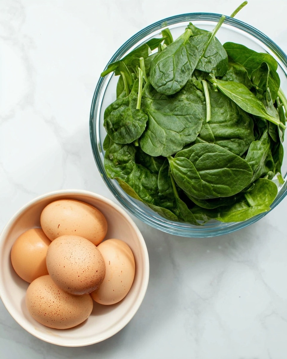 A clear glass bowl filled with fresh, bright green spinach leaves showing their veins and stems, placed on a white marbled surface. Next to it, a white bowl containing four smooth light brown eggs with slight speckles. The background also features the same white marbled texture, creating a clean and fresh look. Photo taken with an iphone --ar 4:5 --v 7