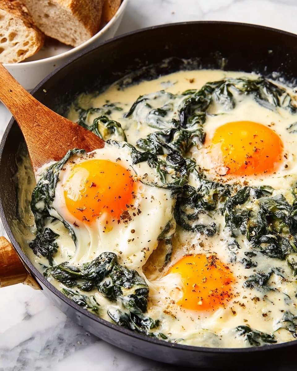 The image shows a black skillet filled with two sunny-side-up eggs, each with bright orange yolks surrounded by soft, cooked whites. The eggs are nestled in a creamy mixture of cooked dark green spinach, which has a slightly wilted texture and is mixed with the white sauce that covers parts of the skillet. A wooden spatula is lifting one egg slightly, revealing more creamy sauce and spinach underneath. The skillet sits on a white marbled surface, with part of a white bowl holding bread in the background. The overall look is warm, creamy, and fresh. photo taken with an iphone --ar 4:5 --v 7