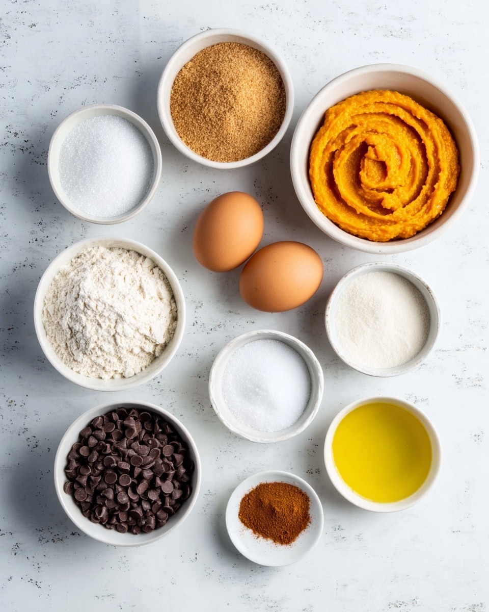 The image shows eight small white bowls and dishes arranged on a white marbled surface. Starting from the top left, the first bowl holds white granulated sugar with a smooth texture, followed by a bowl of light brown sugar with a crumbly texture. To the top right, a bowl contains bright orange pumpkin puree swirled smoothly in a spiral. Below, two whole brown eggs sit side by side on the surface. At the center, a bowl is full of dark brown chocolate chips, round and shiny. To the lower left, a bowl of white flour with a powdery texture fills it almost to the top. Next to it, a bowl contains a golden yellow liquid, likely oil, with a smooth and shiny surface. On the bottom right, a small white dish has three small piles: one of white salt, one of baking soda, and one of brown cinnamon powder. Photo taken with an iphone --ar 4:5 --v 7