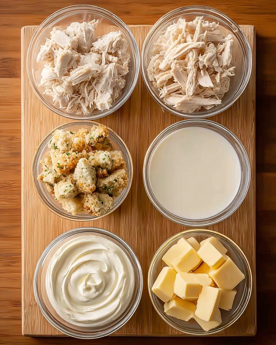A top-down view of seven small white bowls arranged on a wooden board, each holding different ingredients. Starting from the top left, the first bowl is filled with shredded white cooked chicken with a soft texture. To the right of it is a glass bowl holding more shredded white cooked chicken strips. Next to that is another glass bowl filled with a smooth, white cream or milk. Below the shredded chicken bowls, in the center, there is a smaller glass bowl containing thick white sour cream or yogurt with a swirled surface. To the right, there is a white bowl holding several cubes of pale yellow butter. At the bottom left and center are two glass bowls with coarse bread crumbs that have a light golden color with some browned pieces and green herbs mixed in. Lastly, at the bottom right is a smaller glass bowl with smaller yellow cubes, possibly cheese. All bowls sit on a wooden board with a warm tone. photo taken with an iphone --ar 4:5 --v 7