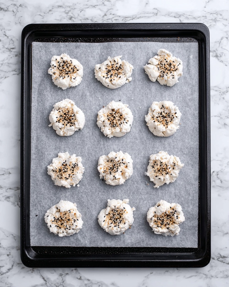 This image shows a black baking tray with sixteen small, round dollops of white mixture spread out evenly in four rows of four. Each dollop is uneven in texture with a rough, bumpy surface. The tops of the dollops are sprinkled with a mix of black and light brown seeds or seasoning. The tray is lined with light gray parchment paper, and the background is a white marbled texture. photo taken with an iphone --ar 4:5 --v 7
