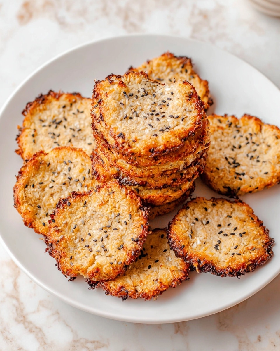 The image shows a white plate on a white marbled surface, holding a stack of round, golden brown, and slightly crispy patties. There are about eight patties layered loosely on top of each other, each with a rough texture and a light charred edge. The surface of the patties is sprinkled with small black and white seeds, giving them extra texture and contrast. The overall look is warm and inviting, with a home-cooked feel to the dish. Photo taken with an iphone --ar 4:5 --v 7