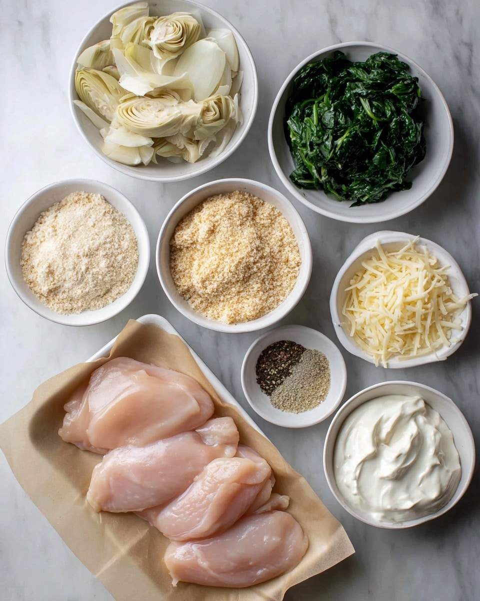 The image shows several small white bowls and a tray of raw pale pink chicken on brown paper, all placed on a white marbled surface. There are seven items: a bowl of green chopped spinach, a bowl of pale artichoke pieces, a bowl of light beige breadcrumbs, a bowl of white sour cream, a small plate with mixed seasoning powders in light and dark colors, a bowl of shredded light yellow cheese, and a bowl of smooth white cream cheese. The chicken pieces are smooth and moist, lying next to the bowls. photo taken with an iphone --ar 4:5 --v 7