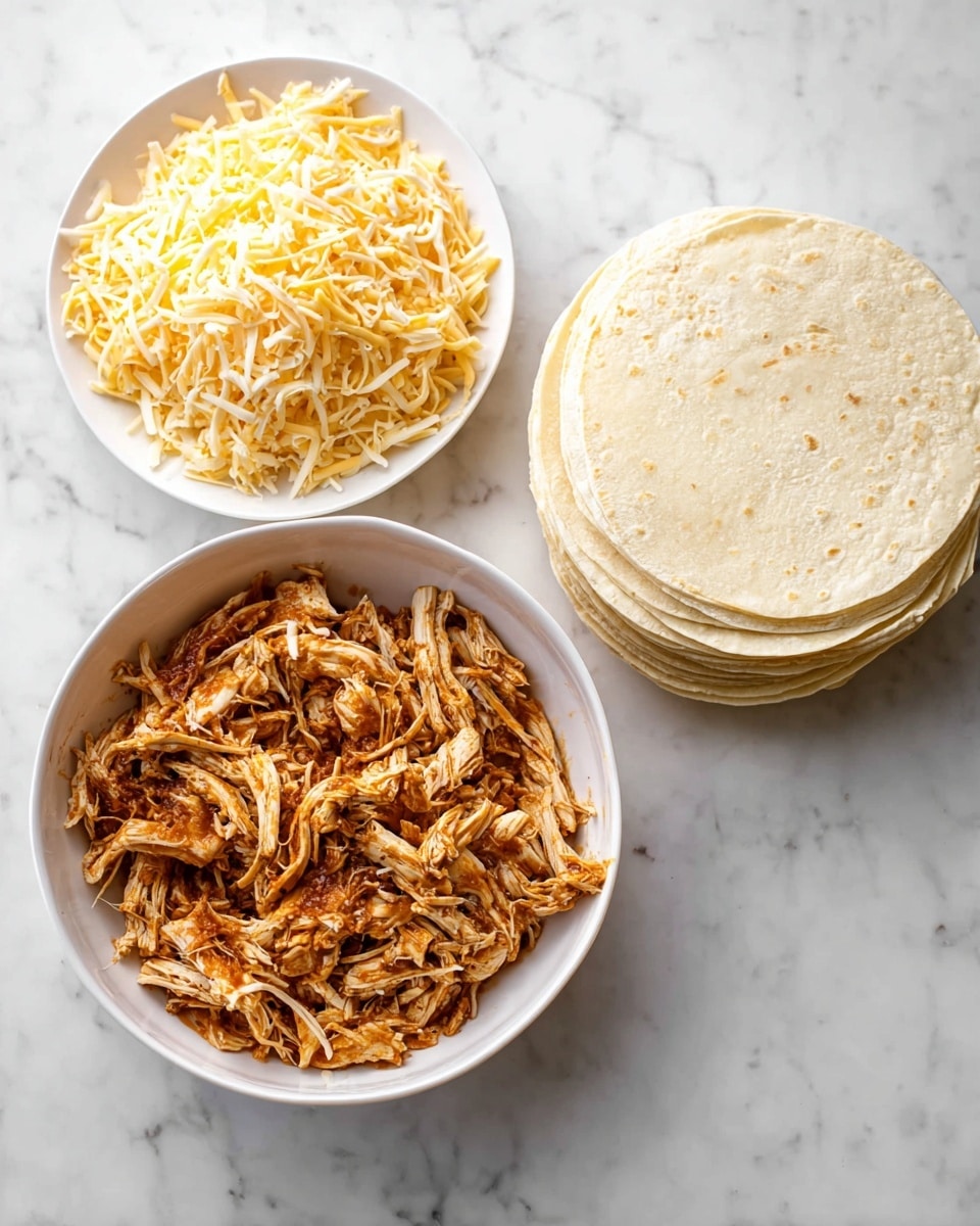 The image shows three white dishes on a white marbled surface: one bowl filled with shredded chicken mixed with a reddish brown sauce, one plate full of shredded yellow and white cheese, and one plate stacked with several plain white corn tortillas. The chicken looks moist and tender, the cheese is piled high with thin strips, and the tortillas are neatly stacked flat and round. Photo taken with an iphone --ar 4:5 --v 7