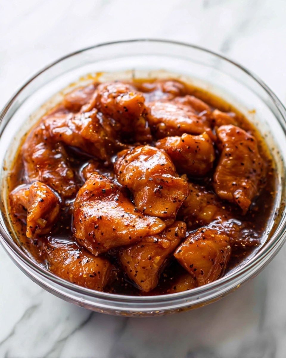 The image shows a close-up of a clear glass bowl filled with raw chicken pieces marinating in a thick, dark reddish-brown sauce. The chicken pieces are fully coated with the sauce, which has a shiny, slightly oily texture with visible black pepper and spice specks on the meat. The bowl sits on a white marbled surface, and the focus is mostly on the front part of the bowl with the chicken glistening under soft light. photo taken with an iphone --ar 4:5 --v 7