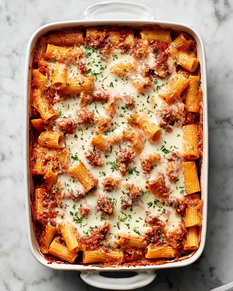 A white rectangular baking pan filled with baked pasta layers is shown from above, placed on a white marbled surface. The dish has three visible layers: at the bottom, a red tomato sauce with bits of browned meat, in the middle, thick rigatoni pasta coated in the sauce, and on top is a melted, slightly browned layer of white cheese covering the pasta. Small green herbs are sprinkled over the cheese, adding a touch of color. The pasta pieces are scattered evenly, some soaking in sauce while others peek through the cheese layer. Photo taken with an iphone --ar 4:5 --v 7