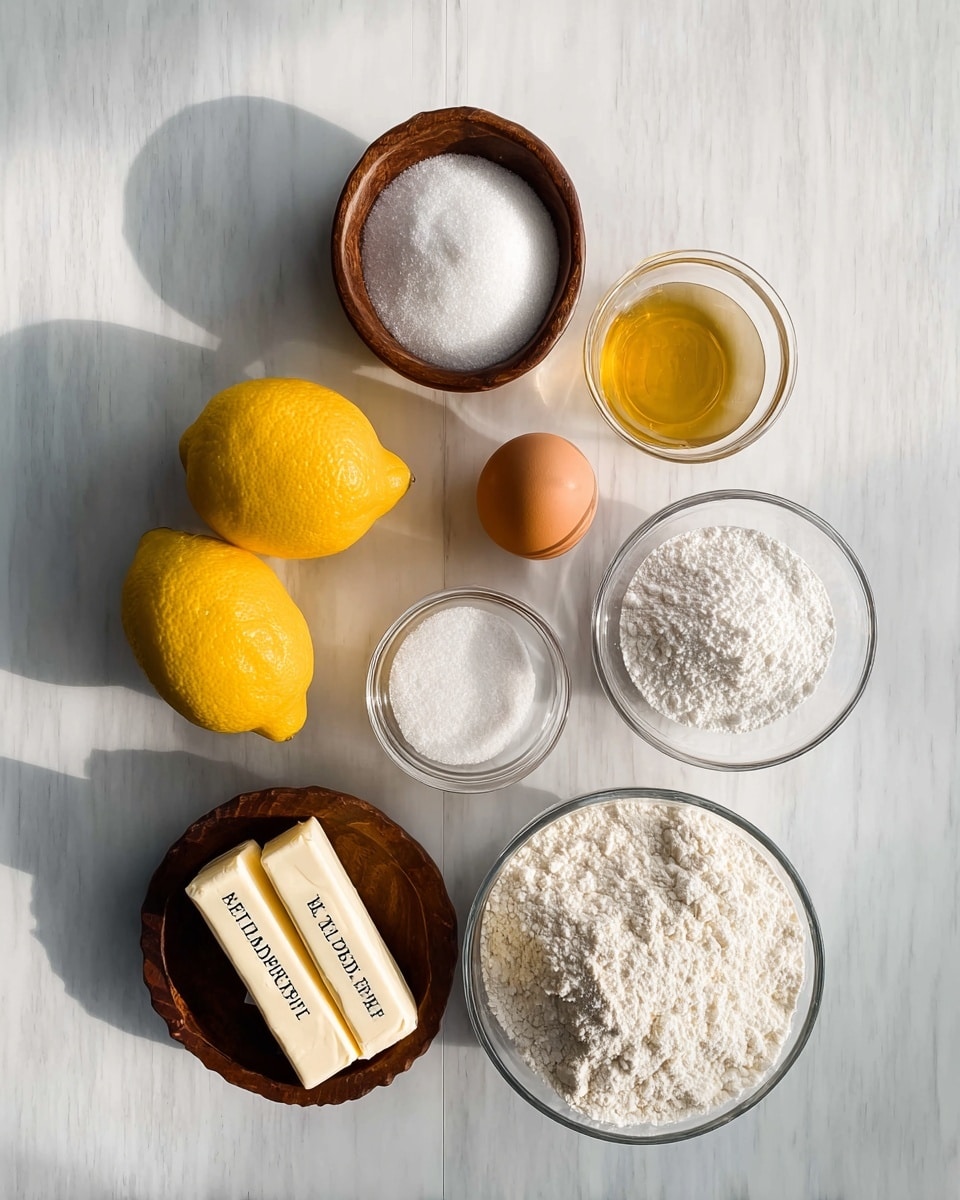 The image shows cooking ingredients neatly placed on a white marbled surface. There are two whole yellow lemons at the bottom left, next to two white sticks of butter with black text labels. Above the lemons and butter, there are two small wooden bowls containing white granulated ingredients. To the right, there are three glass bowls: one filled with white flour, one with powdered sugar, and one with granulated sugar. Above these bowls, there is one brown egg and a small glass bowl holding a light golden liquid at the top center. The arrangement is simple and clean, with natural light creating soft shadows, and the photo is taken from above. photo taken with an iphone --ar 4:5 --v 7