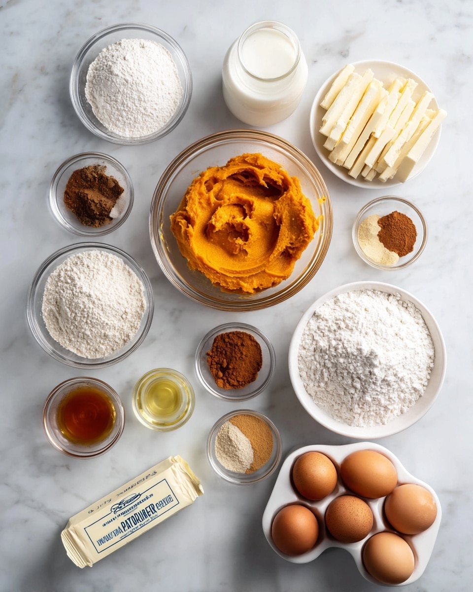 The image shows a white marbled surface with various baking ingredients neatly arranged. At the center, there is a clear glass bowl filled with bright orange pumpkin puree that has a smooth texture. Surrounding it are small white bowls containing powdery white sugar, off-white flour, and pure white powdered sugar. There are also several small clear glass bowls holding different colored spices: dark brown, medium brown, light brown, and a yellowish powder. A small clear glass cup with light amber liquid and a small clear bowl with a light yellow oil add more color. Three brown eggs sit in a white egg holder, placed next to five sticks of pale yellow butter wrapped in paper. A stick of cream cheese in silver and white wrapper is positioned near the bottom left. A small clear glass jar with white milk is near the top. Everything is spaced evenly and clearly visible. photo taken with an iphone --ar 4:5 --v 7