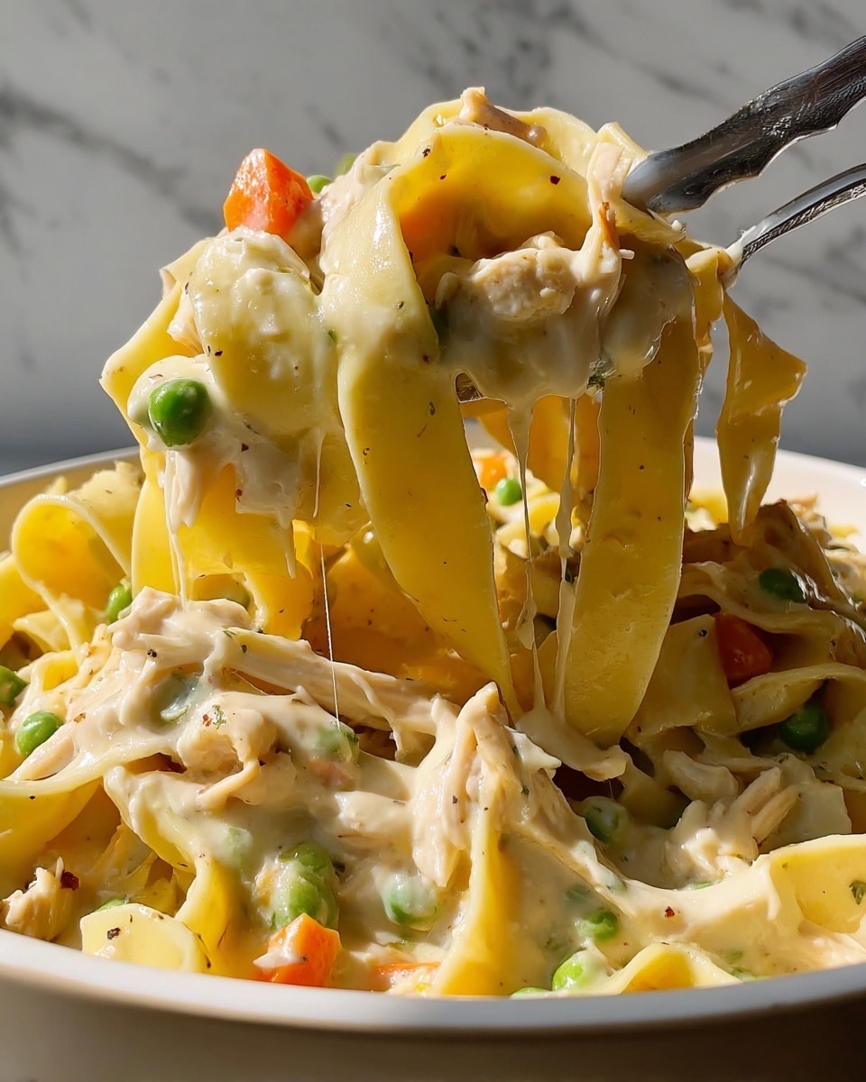 A close-up view of a creamy pasta dish with wide, flat yellow noodles coated in a thick white sauce. The sauce has small pieces of green peas, orange carrot bits, and shredded white chicken mixed in. The pasta is lifted by a silver utensil, showing multiple folded layers of noodles dripping with sauce. The background is a white marbled surface, and the dish is served in a white bowl. Photo taken with an iphone --ar 4:5 --v 7