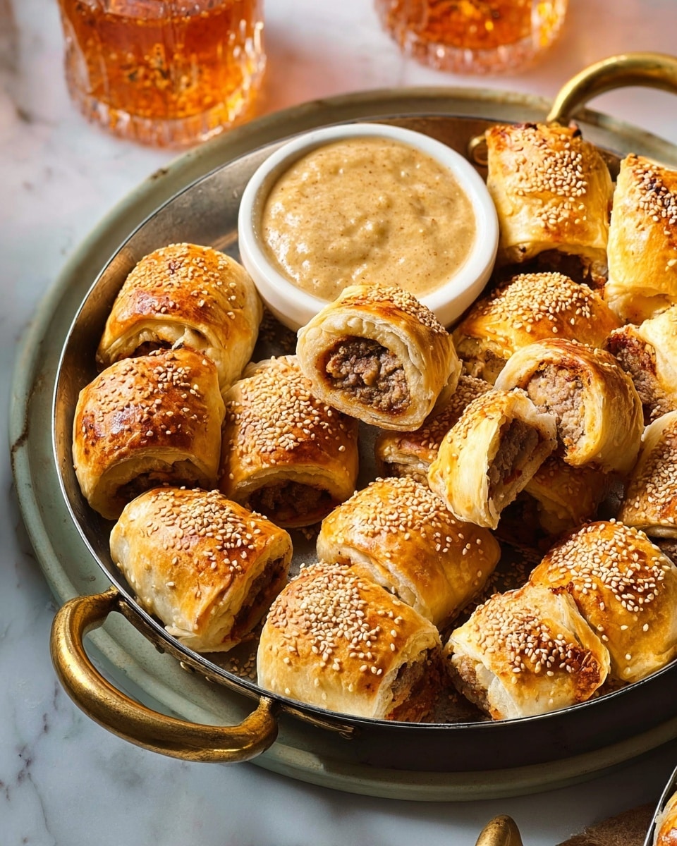 A round metal pan with golden handles holds many small sausage rolls that have golden brown flaky pastry sprinkled with sesame seeds on top. The sausage rolls show a light brown cooked meat filling inside. In the center of the pan, there is a white bowl filled with grainy textured mustard sauce, with one sausage roll partly dipped in it. The pan is placed on a white marbled surface. In the background, there is a glass filled with an amber-colored drink. Photo taken with an iphone --ar 4:5 --v 7