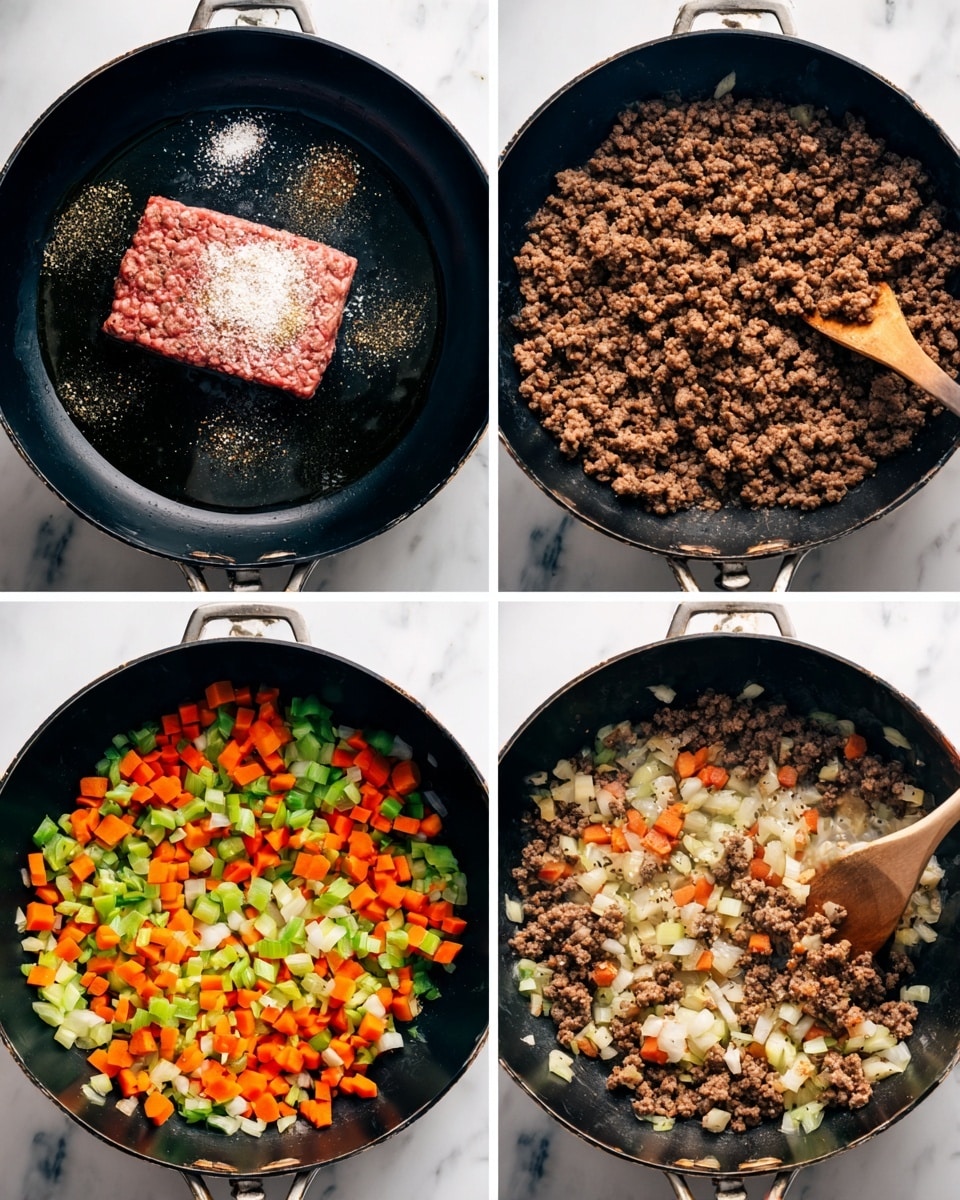 The image is a four-part collage showing the cooking process inside a black pan on a white marbled surface. The first section shows one flat block of raw ground meat topped with white salt and black pepper, placed on oil in the black pan. The second shows the same pan with the cooked ground meat browned and broken into small pieces, with a wooden spoon in the right side stirring the meat. The third section shows finely chopped vegetables—orange carrots, green celery, and white onions—spread evenly in the empty black pan without meat. The fourth shows the same vegetables cooked and soft, mixed together and stirred in the pan with the wooden spoon on the right. Photo taken with an iphone --ar 4:5 --v 7