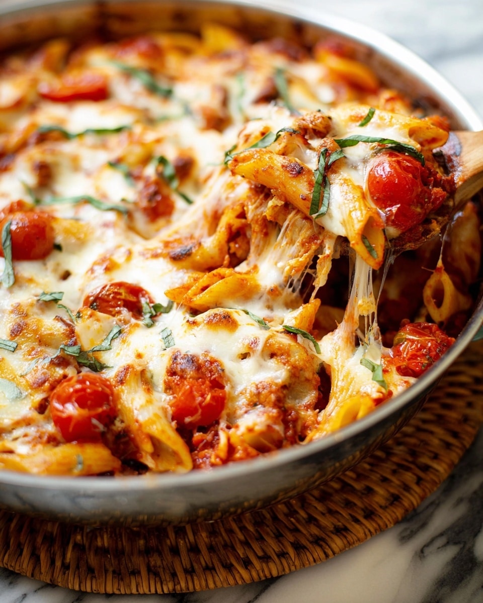 A close-up of a baked pasta dish in a blue pan with two handles, placed on a white marbled surface with a white towel that has red stripes. The dish has three main layers: at the bottom, red tomato sauce mixed with cooked pasta tubes; the middle layer shows pasta coated in sauce with pieces of tomato and visible mushrooms; the top layer is melted light golden cheese sprinkled with thin strips of fresh green basil. The cheese is bubbly and slightly browned in spots, covering the pasta unevenly, with bright green herb strips scattered on top. Photo taken with an iphone --ar 4:5 --v 7