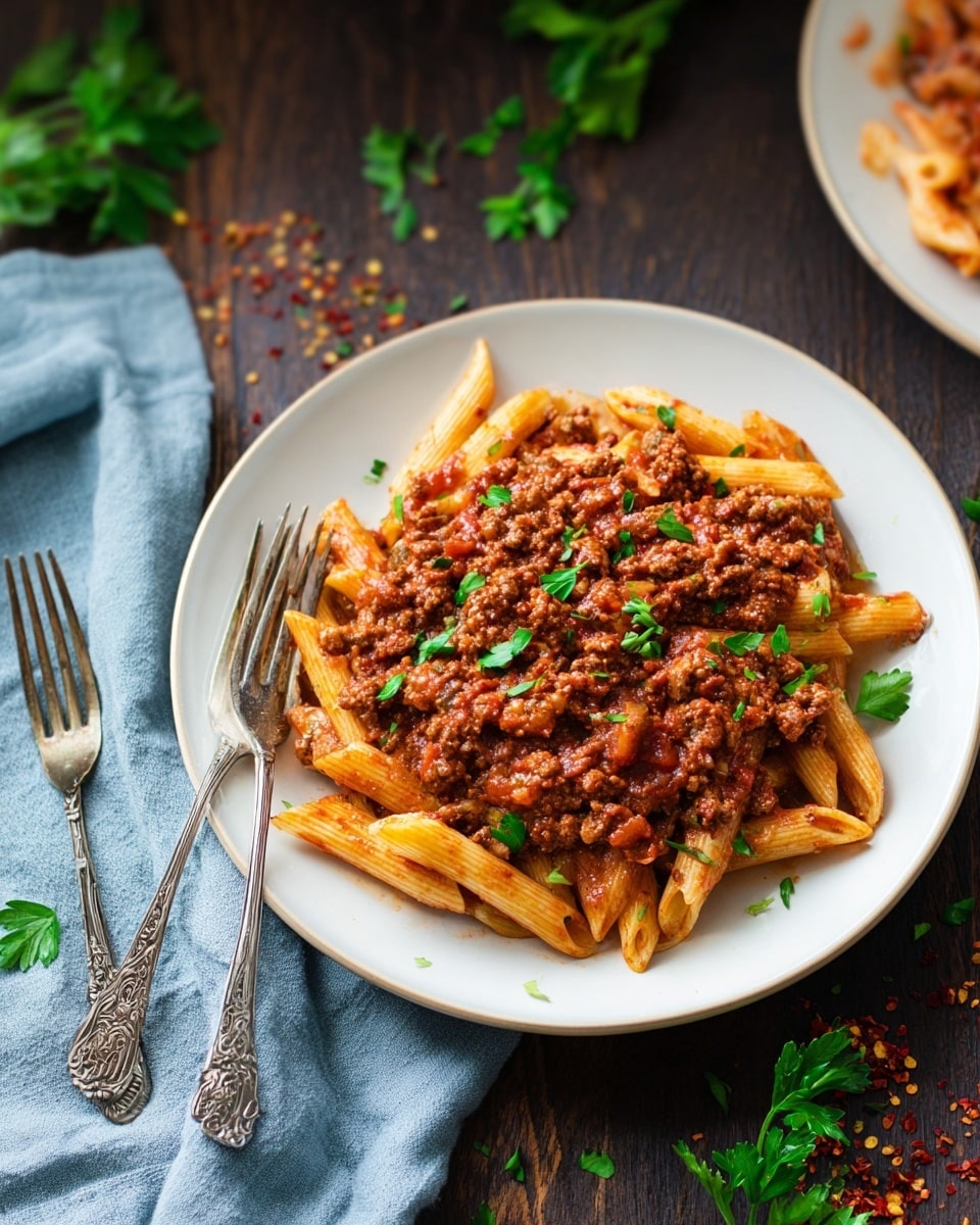 A white pan filled with one layer of penne pasta covered in a thick, orange-red meat sauce mixed with small pieces of ground meat and finely chopped vegetables. The pasta is sprinkled with bright green chopped parsley and some red chili flakes. A wooden spoon rests inside the pan on the right side. To the upper left, a white bowl holds a mix of green leafy lettuce. A grey cloth is placed to the left of the pan on a dark wooden surface with scattered bits of parsley and chili flakes around the pan. On the upper right side, there are stacked white plates with vintage silver forks and spoons resting on top. The background is a white marbled texture. Photo taken with an iphone --ar 4:5 --v 7