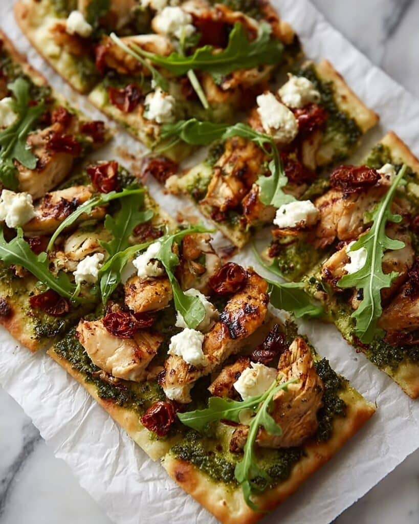 Garlic Chicken Pesto Flatbread with Mozzarella and Cherry Tomatoes Recipe