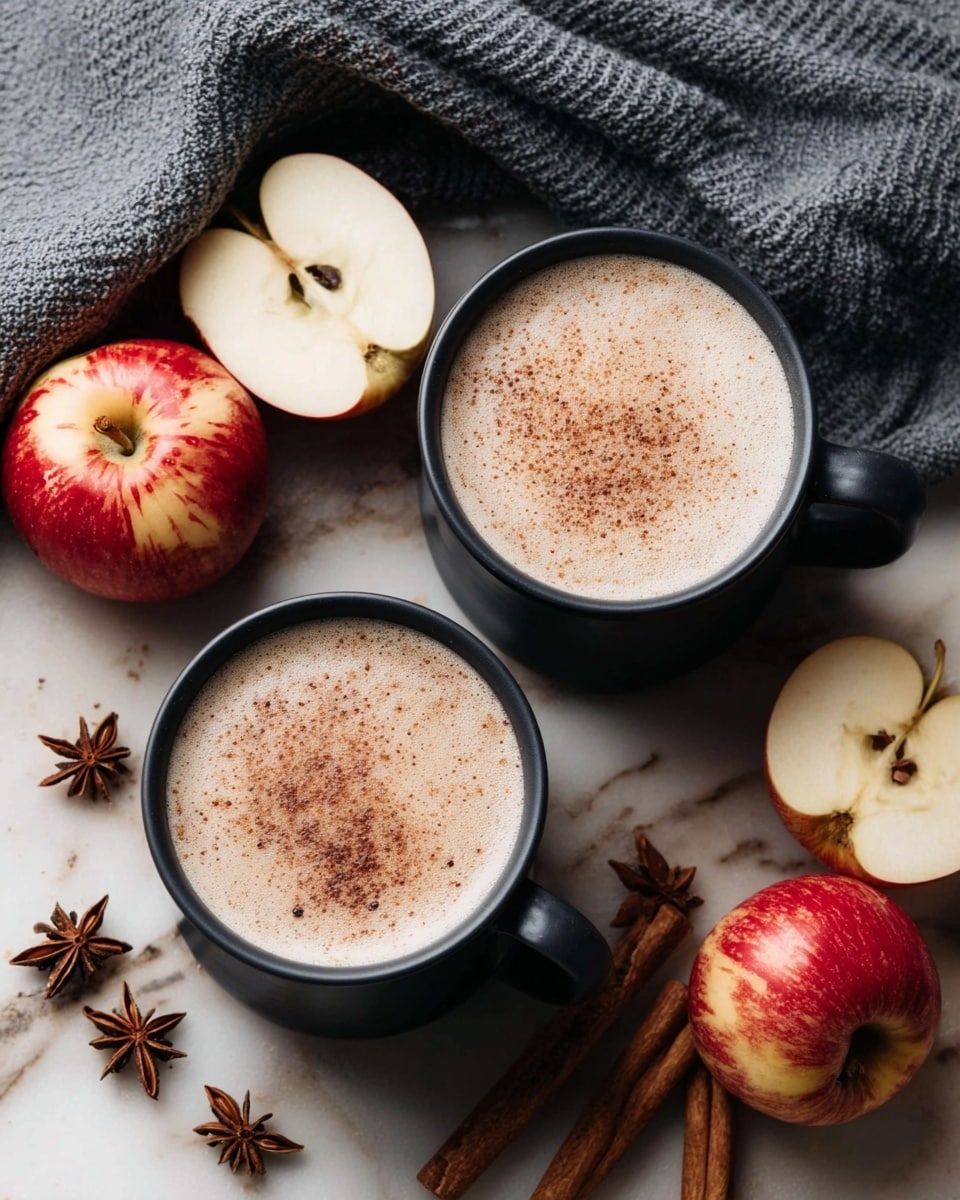 A black cup filled with a creamy light beige drink topped with fine cinnamon powder, decorated with four thin apple slices arranged in a curved fan shape on the surface. The cup is placed on a white marbled surface. In the blurred background, red and green apples and cinnamon sticks can be seen. Photo taken with an iphone --ar 4:5 --v 7