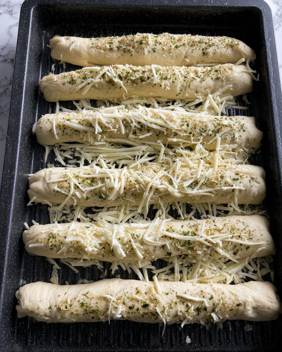 Five long dough strands rest in a black baking tray with five rows, each strand covered with white shredded cheese and sprinkled with green herbs, showing a soft, slightly shiny texture. The dough is light off-white, and the cheese strands vary in length, some sticking out a bit. The tray’s textured surface contrasts with the smooth dough. The background shows a white marbled texture. photo taken with an iphone --ar 4:5 --v 7