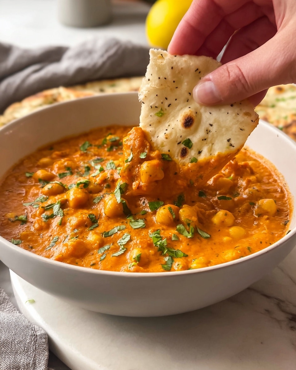 A white bowl filled with a thick orange curry containing small chickpeas, garnished with green chopped herbs. A woman's hand is dipping a piece of flatbread into the curry, lifting it above the bowl with some curry coating the bread. The flatbread is light beige with small black specks and a soft texture. The setting is on a white marbled surface with a soft gray cloth and a lemon in the blurred background. Photo taken with an iphone --ar 4:5 --v 7