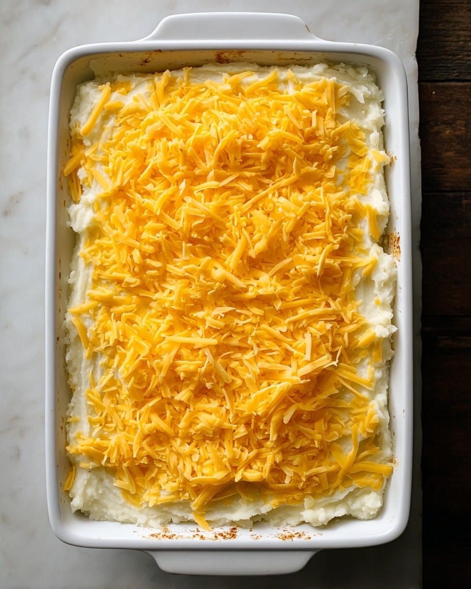 A white rectangular baking dish filled with two main layers: the bottom layer is creamy white mashed potatoes with a soft texture, and the top layer is shredded yellow cheddar cheese spread evenly, with some pieces scattered, giving a slightly uneven surface. The edges of the dish show slight browning from baking. The dish sits on a white marbled textured surface. photo taken with an iphone --ar 4:5 --v 7