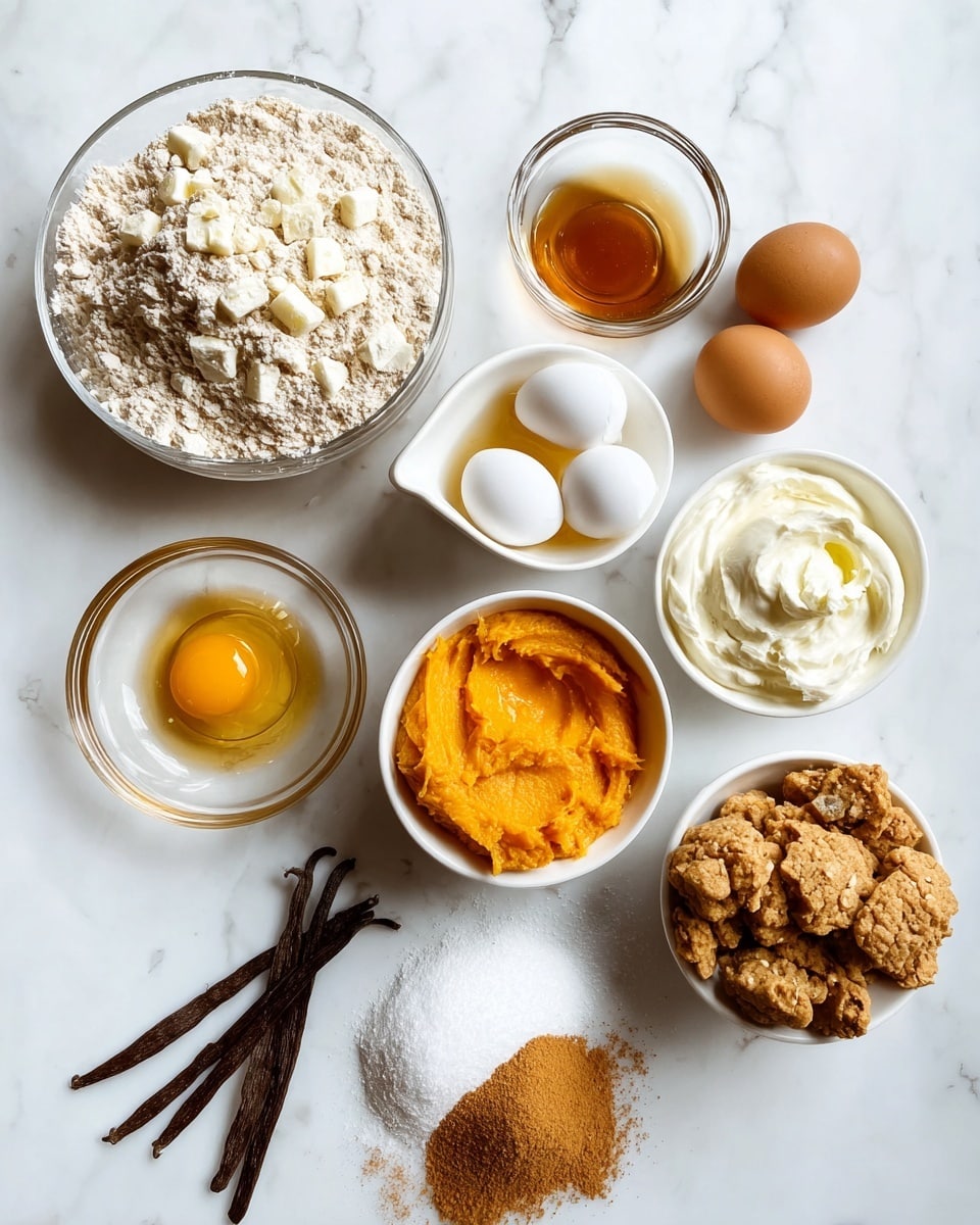 A white marbled surface holds an arrangement of baking ingredients including a glass bowl filled with light beige flour mixed with small white pieces, next to a small glass bowl containing a clear egg yolk and white. A white bowl holds bright orange pumpkin puree with a smooth texture, placed near a white bowl filled with creamy off-white cream cheese. A small white jug contains amber-colored liquid vanilla extract. Surrounding these are piles of light brown sugar and granulated white sugar on the marble, a whole egg and a nutmeg seed, two dark brown vanilla pods, and a small clear bowl filled with crushed light brown crumbled cookies. Near the top of the frame, a small mound of warm brown cinnamon powder rests directly on the white marble. Photo taken with an iphone --ar 4:5 --v 7