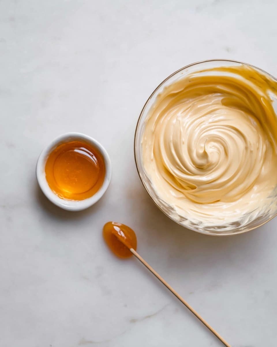 A clear glass bowl on the right side is filled with creamy light tan whipped mixture showing smooth curves and swirls on the surface. To the left, there is a small white bowl holding golden amber liquid with a shiny surface. Below the bowl, a wooden skewer with a drop of the same amber liquid on its tip is placed diagonally on a white marbled surface. The image has a clean and simple look. Photo taken with an iphone --ar 4:5 --v 7