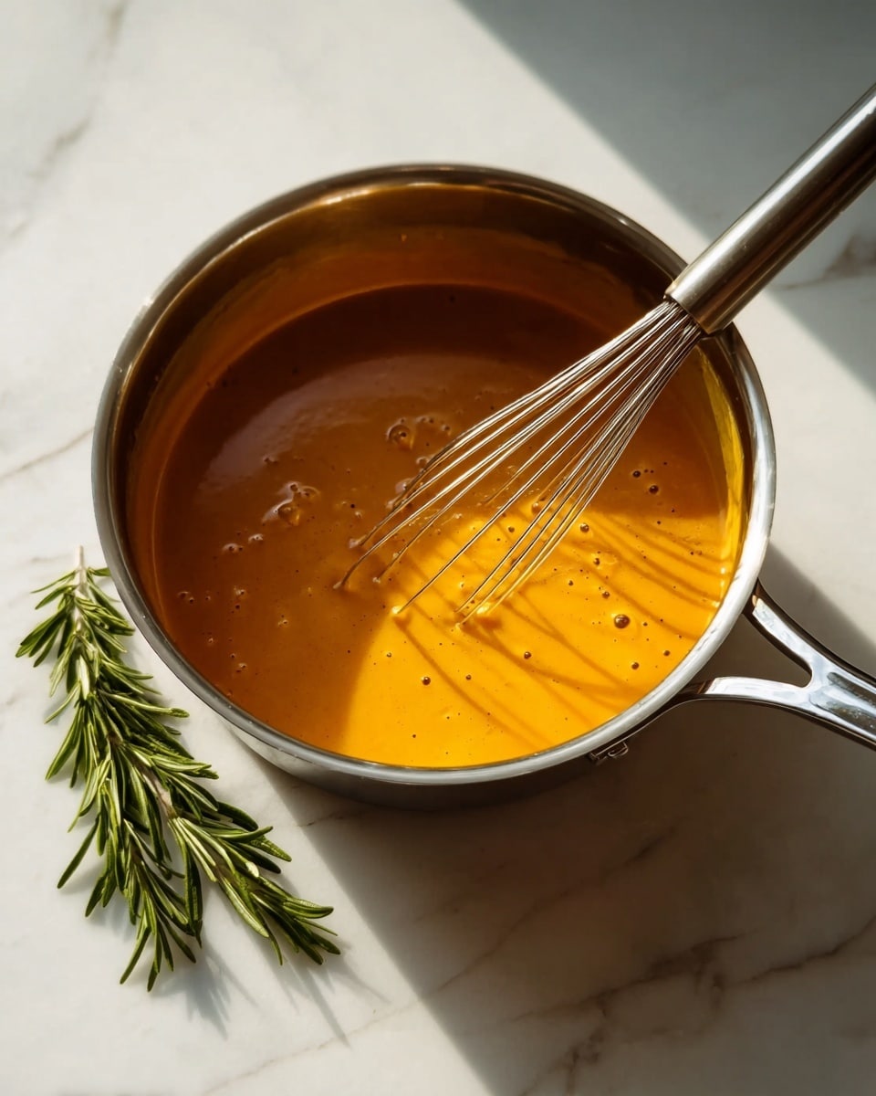 A shiny metal pot filled with a smooth, thick, orange sauce, with small bubbles on its surface, is sitting on a white marbled surface. Inside the pot, a metal whisk rests, partially submerged in the sauce. Near the pot on the white marbled surface is a single fresh green rosemary sprig. Soft natural light casts shadows across the scene. Photo taken with an iphone --ar 4:5 --v 7