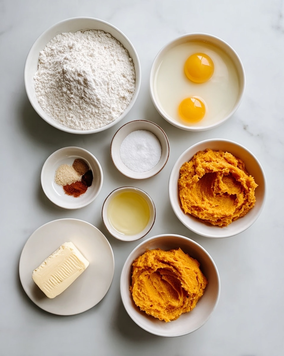 The image shows nine white bowls and plates arranged neatly on a white marbled surface. At the top left, there is a bowl full of white flour. To the right, there is a bowl with three bright yellow egg yolks and egg whites. Below the flour, a bowl holds white sugar and two brown spices side by side. Next to it is a very small bowl with a red-brown spice. Below these bowls, a small bowl contains a clear yellow liquid. To the right of this, a bowl is filled with bright orange mashed sweet potatoes or pumpkin. At the bottom left, a small plate holds a rectangular piece of pale yellow butter and a round white ingredient with a cracked top. The whole setup is bright and clean with a simple look, focused on the colors and textures of the ingredients. photo taken with an iphone --ar 4:5 --v 7