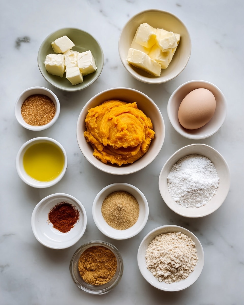 A top view of 11 small white bowls and dishes arranged neatly on a white marbled surface, each holding different ingredients: bright orange smooth pumpkin puree in the center bowl, light yellow solid butter chunk in the top middle bowl, two white butter pieces in the middle left bowl, an egg to the right of the pumpkin, light brown granulated sugar in the top right bowl, fine white powder in a bowl below the sugar, a small amount of yellow oil in the bottom left bowl, reddish-brown spice mixture in the bottom left white bowl, fine light brown powder in the bottom right bowl, and two bowls with white powders, one with a coarser texture near the top left and the other with a smooth cream near the bottom center. photo taken with an iphone --ar 4:5 --v 7
