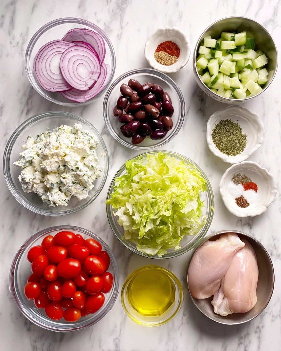 The image shows several clear glass bowls arranged on a white marbled surface, each containing different fresh ingredients. Starting from the top left, there are thin slices of red onion with a light purple color. Next to it, there are dark purple black olives, some whole and some sliced. Below these, there is a bowl filled with a white creamy mixture with green herbs, likely tzatziki sauce. To its right, a bowl contains bright green shredded lettuce, and below it, another bowl holds chopped cucumber pieces with a mix of dark and light green skin. Next to the cucumber, there is a bowl of bright red halved cherry tomatoes. In the top right corner, small bowls contain coarse salt, dried oregano with a greenish-tan color, finely chopped garlic that is white, a red paprika powder, and crumbled white feta cheese. There are bowls of golden olive oil and yellowish lemon juice towards the bottom right. The bottom right part also includes two raw pale pink chicken pieces sitting in a metal bowl. All bowls are neatly placed on the white marbled surface. Photo taken with an iphone --ar 4:5 --v 7