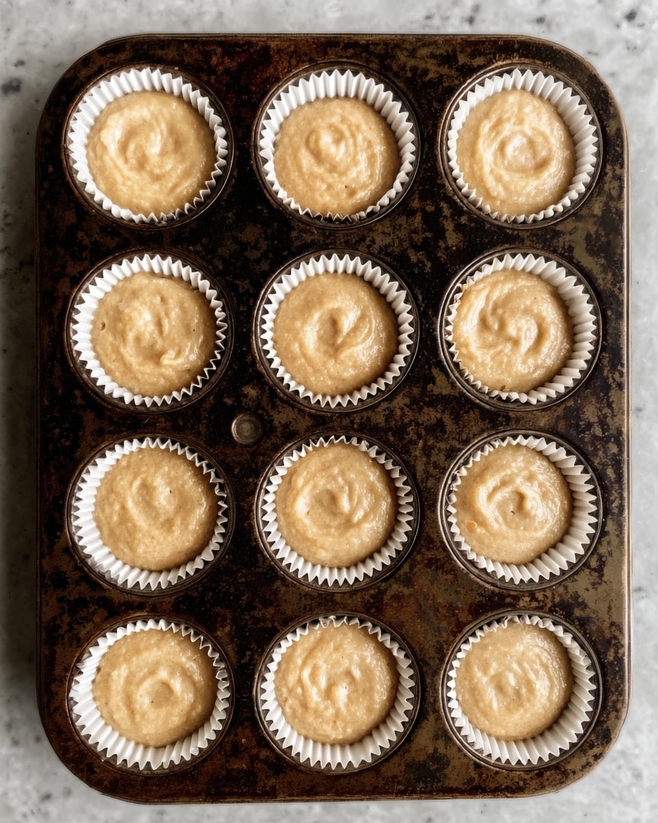 A dark metal muffin tray holds nine evenly spaced white paper liners, each filled roughly three-quarters full with light brown batter that has a smooth and slightly thick texture. The batter's surface shows soft swirls and small air bubbles, indicating a freshly poured state before baking. The muffin tray, with a slightly worn and rust-spotted finish, contrasts with the bright white liners and light brown batter, set against a white marbled texture background. photo taken with an iphone --ar 4:5 --v 7