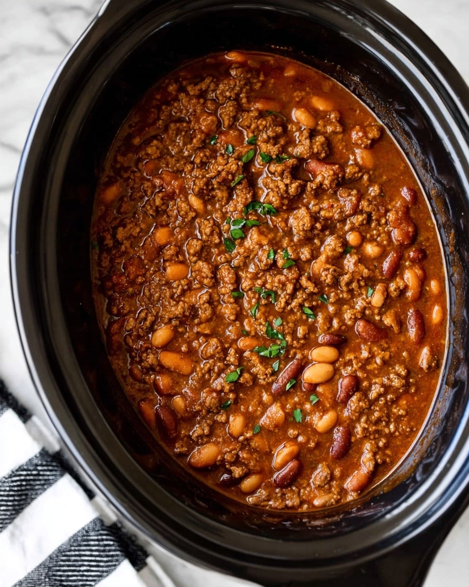 A close-up view of a slow cooker filled with thick chili, showing one main layer of chunky texture with brown ground meat mixed with light beige beans in a rich reddish-brown sauce, sprinkled with small pieces of chopped green herbs on top. The slow cooker has a shiny black rim and sits on a white marbled surface with a black and white striped cloth beside it. Photo taken with an iphone --ar 4:5 --v 7