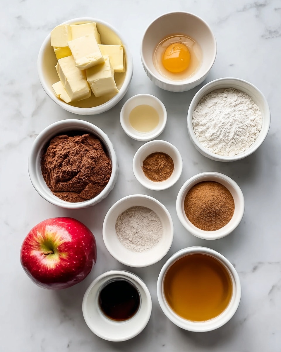 The image shows eleven small white bowls and one red apple arranged on a white marbled surface. The bowls contain different ingredients: a chunk of butter, two raw eggs, vanilla extract, cocoa powder, salt, white powder (likely flour), cinnamon, brown sugar, and a golden brown syrup-like sauce. All the bowls are simple and white, except one bowl with the brown sugar which is black inside. The red apple is shiny and smooth, placed at the bottom left of the arrangement. The scene is clean and organized with each ingredient clearly visible. Photo taken with an iphone --ar 4:5 --v 7
