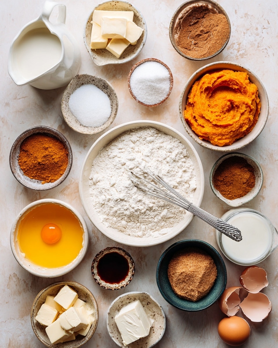 The image shows an overhead view of various baking ingredients arranged neatly on a white marbled surface. In the center, there is a large white bowl filled with flour, with a small whisk resting inside. Surrounding it are smaller white bowls containing different elements: bright orange pumpkin puree at the top right, brown sugar at the bottom right, and a separated raw egg yolk in a yellow bowl at the bottom left. Additionally, there is a small white pitcher filled with cream at the top left and another small white pitcher with milk at the bottom right. Around these are bowls holding spices including cinnamon and nutmeg, granulated sugar, butter cubes, cream cheese partially wrapped in foil, yeast in a dark blue bowl, and a small bowl with a dark amber liquid likely vanilla extract. Broken eggshells lie next to the egg yolk bowl, adding to the recipe preparation feel. The colors vary from white to warm browns, oranges, and creamy tones, all set on the softly textured marbled background. Photo taken with an iphone --ar 4:5 --v 7