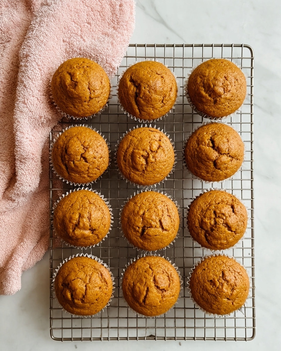 The image shows twelve golden brown muffins arranged neatly in a 4 by 3 grid on a metal cooling rack. Each muffin has a cracked, slightly textured top with a rich warm brown color, and they are in silver muffin liners. To the upper left side of the rack, there is a soft, light pink towel with a fluffy texture. The whole setup is placed on a white marbled surface visible in the background, giving a clean and bright look. Photo taken with an iphone --ar 4:5 --v 7