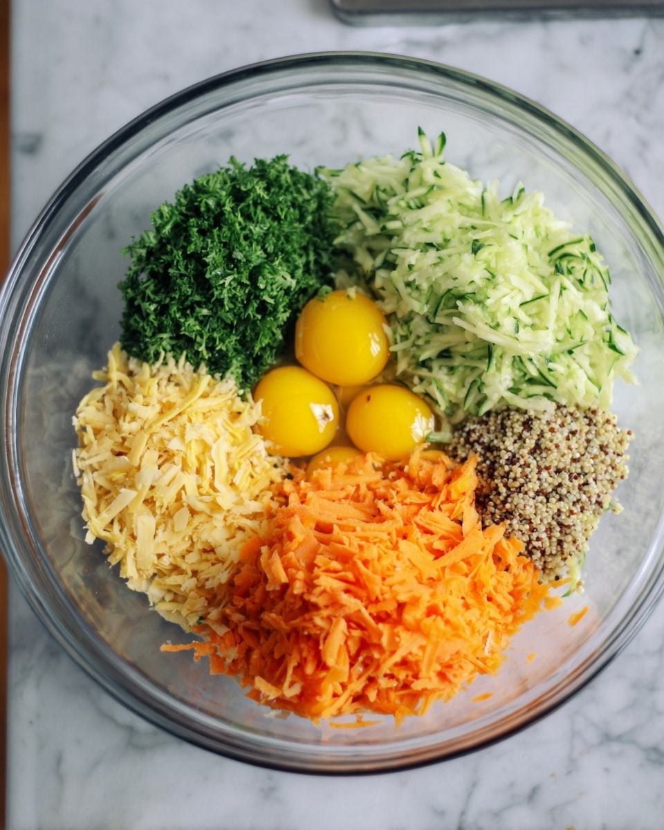 A clear glass bowl sits on a white marbled surface, filled with six distinct ingredients arranged separately. Starting from the top left and moving clockwise, there is a small mound of finely chopped green parsley with a leafy texture; next to it are three whole bright yellow egg yolks with a smooth, shiny surface; to the right is a pile of shredded cucumber, pale green with darker green flecks and a moist, stringy texture; below the cucumber is a heap of grated carrots, vibrant orange and finely shredded; to the left of the carrots is finely shredded light yellow cheddar cheese with a slightly firm texture; and finally, there is a small portion of mixed quinoa grains in light and dark brown shades with a rough, granular texture. Photo taken with an iphone --ar 4:5 --v 7